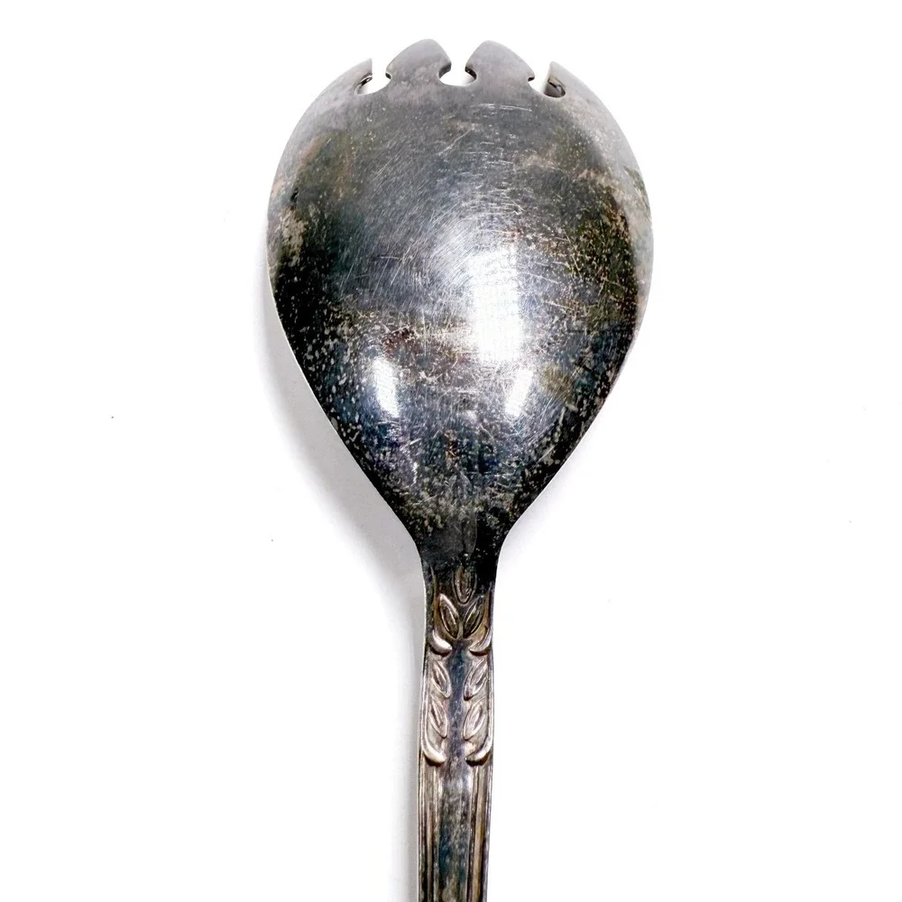 Floral Salad‎ Serving Fork & Spoon Set - Vintage 1920s-40s Nickel Silver Ornate
